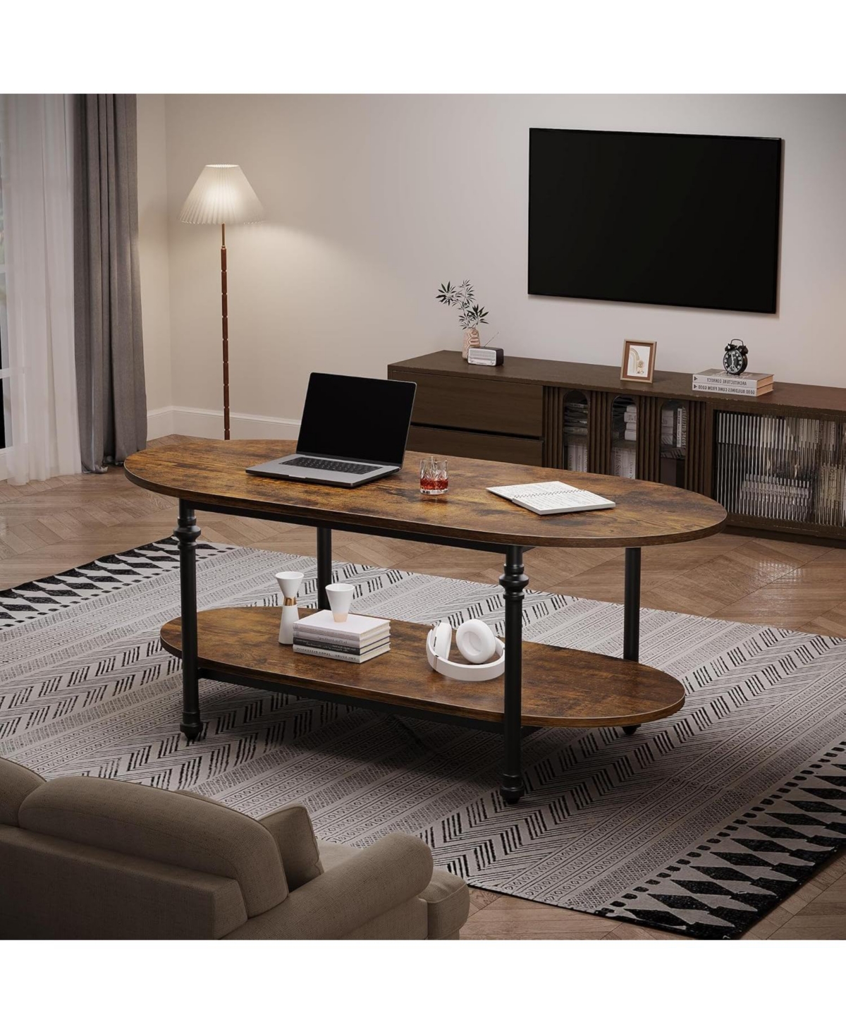gaomon Farmhouse Oval Coffee Table, 2 Tier Center Table with Open Storage, Modern Industrial Tea Table