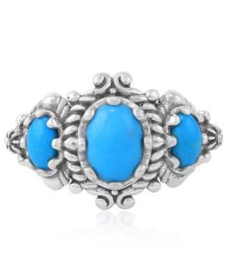 Sterling Kingman Turquoise 3-Stone Oval Scalloped Bezel Ring, Sizes 5 to 11