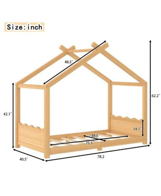 Twin House Floor Bed with Slats, Solid Wood House Bed Frame for Kids