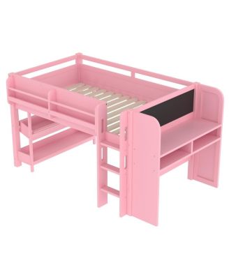 Twin Loft Bed with Multi-storage Bookcases, Boxes, Drawers, Desk, Blackboard
