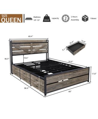 Queen Bed Frame with Storage Headboard & 12 Drawers, Metal Platform