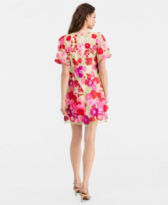 Women's Floral-Embroidered Puff-Sleeve Dress