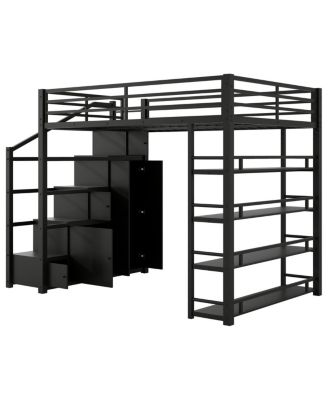 Metal Loft Bed with Storage Shelves, Cabinets and Wardrobe
