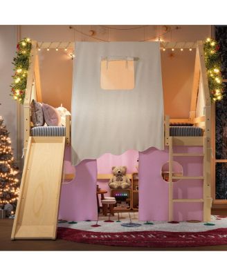 Full Size House Loft Bed with Sills, Tents, Lights, Slide