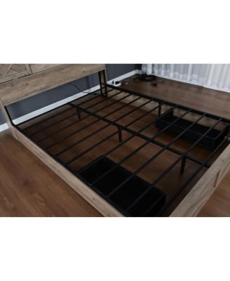 Farmhouse King Bed Frame with LED Lights, Charging Station & Storage Drawers