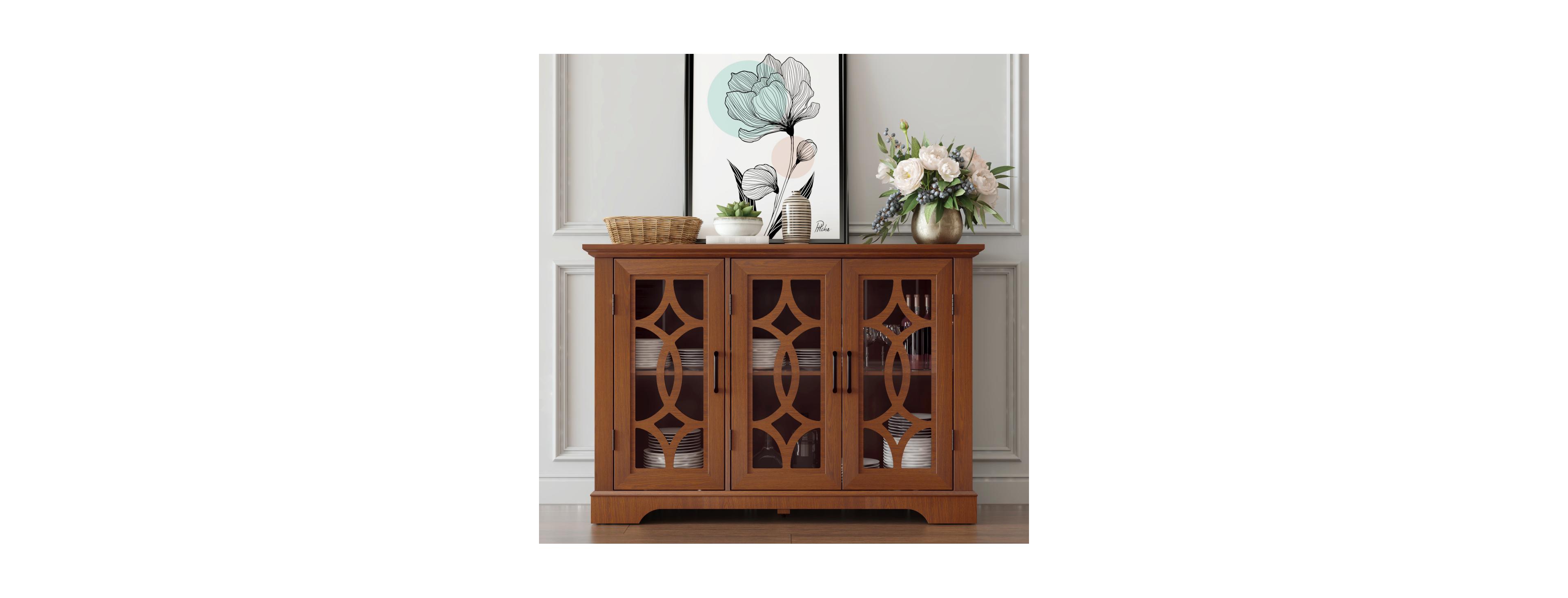 Streamdale Furniture Sideboard with 3 Glass Doors, Adjustable Shelf, Dark Oak Laminate