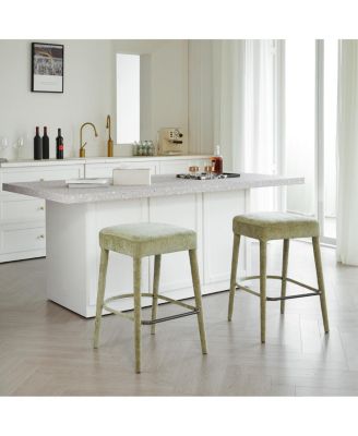 Backless Light Green Upholstered Fabric Bar Stool - Padded Seat, Sturdy Legs, Footrest
