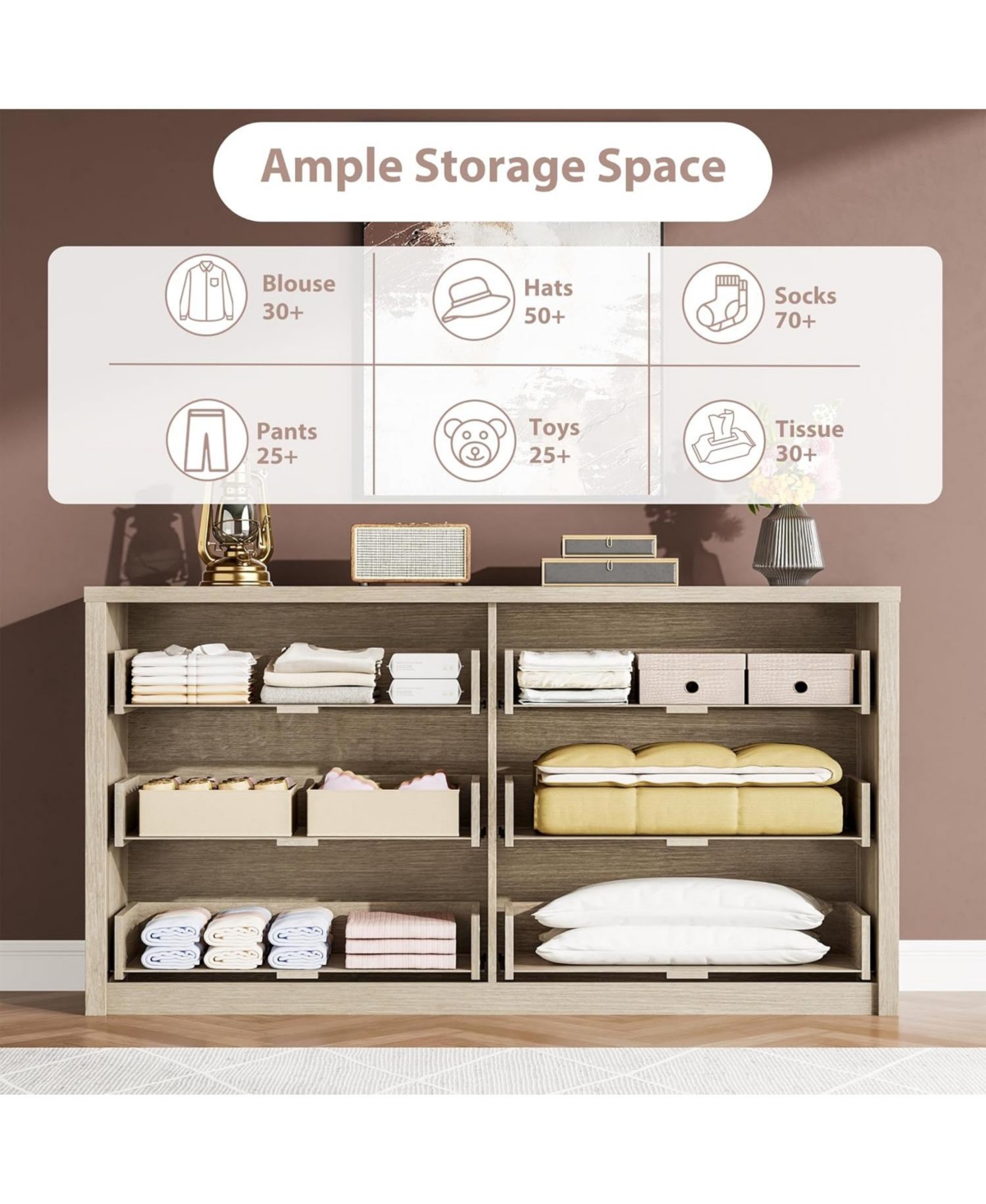 gaomon 6-Drawer Dresser for Bedroom, Wide Handle-Free Wood Chest, Modern Storage Cabinet for Living Room, Hallway, Entryway