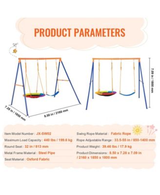 Backyard Swing Set, 440 lbs Load Capacity, A-Frame Metal Swing Stand with Saucer Swing Seat and Belt Swing Seat, Adjustable Rope