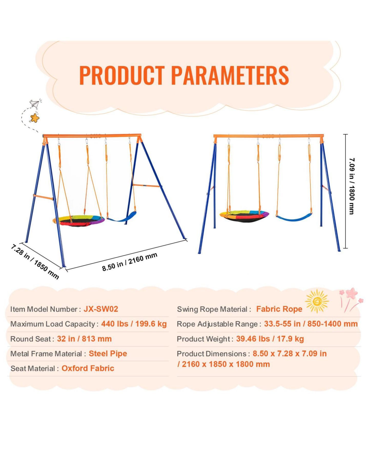 Детские игрушки Mecale A-Frame Metal Backyard Swing Set with Adjustable Ropes, 440 lbs, Ages 3+ — фото 4