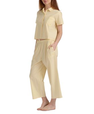 Women's Cropped Button Down Shirt and Pajamas, 2-Piece Set