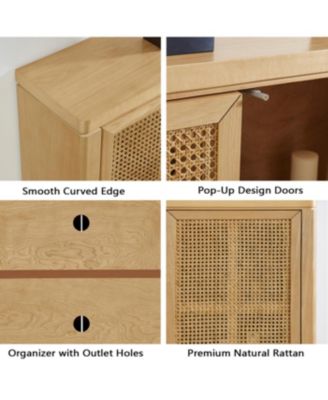 Mid Century Modern Rattan Sideboard Buffet Cabinet with 2 Outlets, Natural