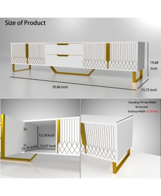 Streamdale White TV Console with Carved Design, Metal Legs, Large Storage