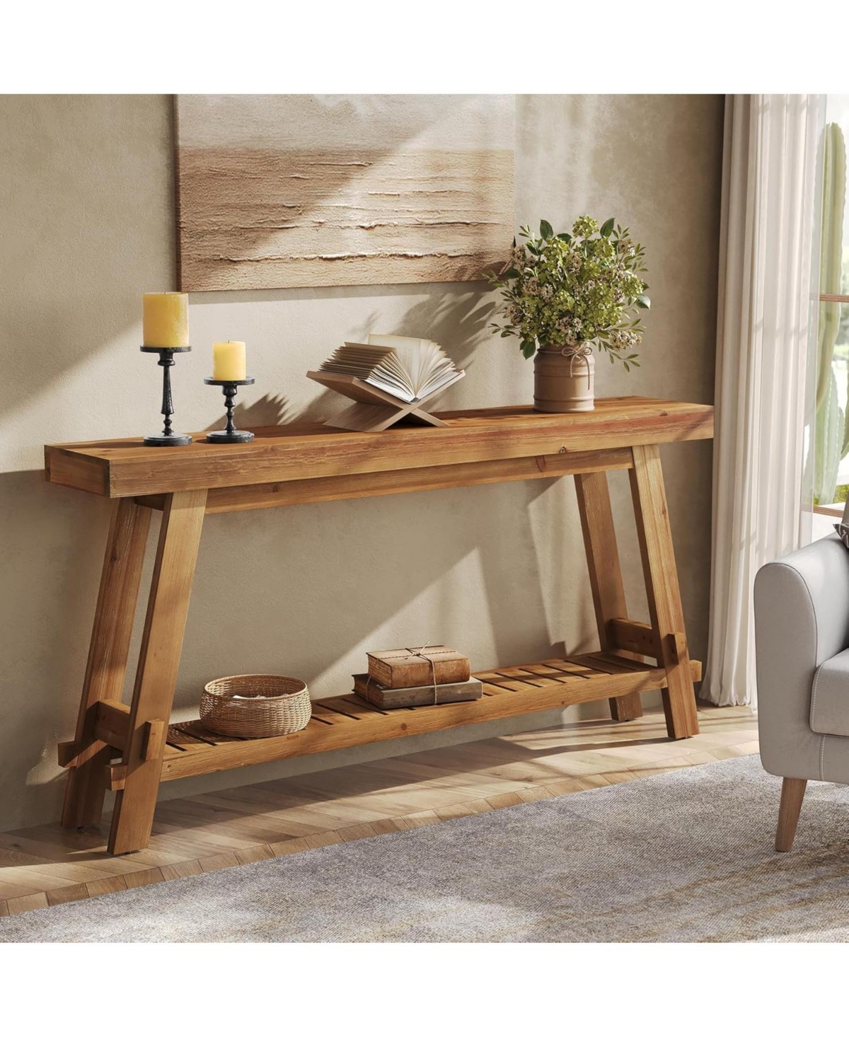Tribesigns 63" Solid Wood Console Table, 2-Tier Farmhouse Entryway & Sofa Table, Brown