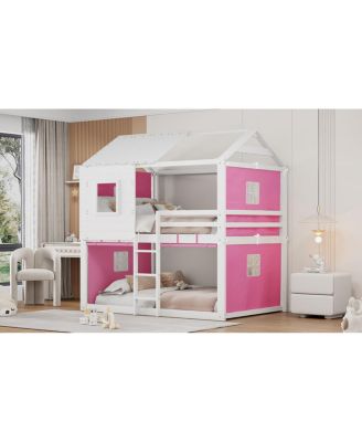 Full Size Bunk Wood House Bed with Tent