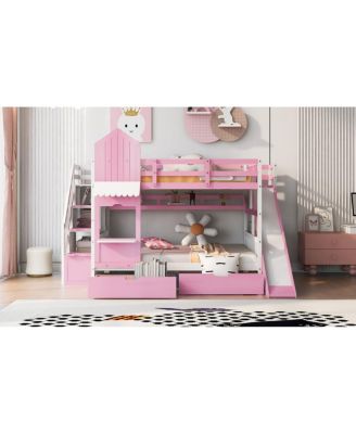 Full-Over-Full Castle Style Bunk Bed with 2 Drawers 3 Shelves and Slide