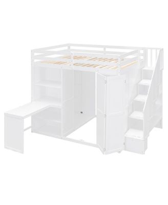 Full Size Loft Bed with Wardrobe, Desk and Shelves