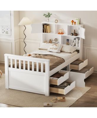 Twin Captain Platform Bed Frame with Storage, Bookcases, Shelves, 4 Drawers