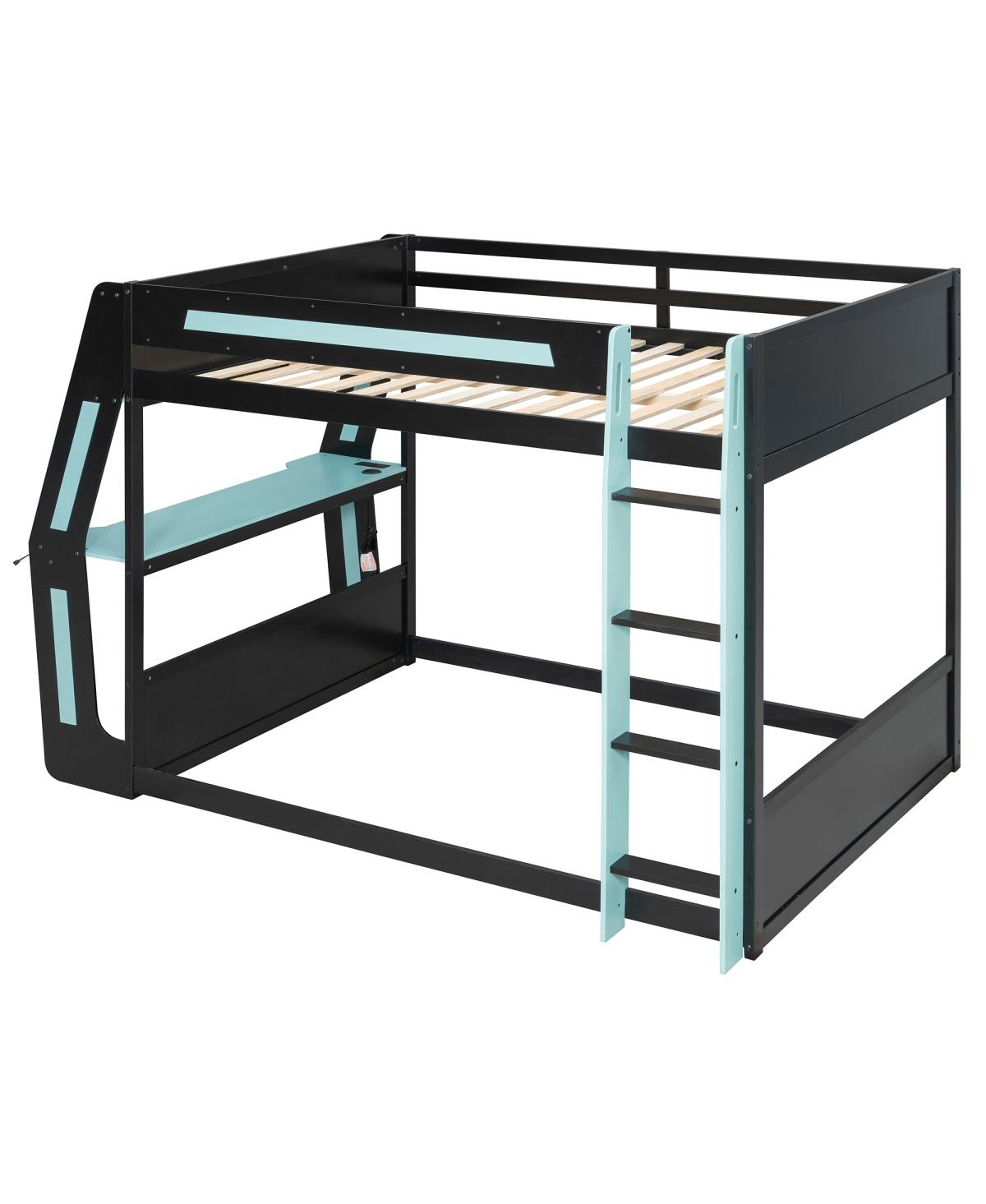 Streamdale Furniture Full-Size Gaming Bunk Bed with Rgb Desk, Usb Ports, Led Strip & Cable Grommet - Green