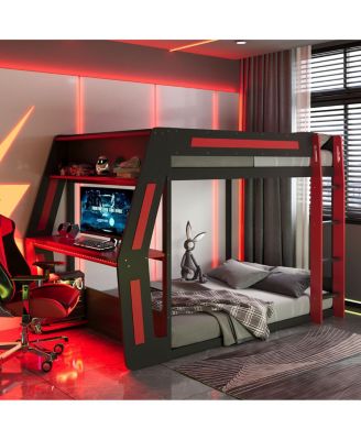Full-Size Gaming Bunk Bed with RGB Desk, USB Ports, LED Strip & Cable Grommet