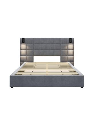 Queen Size Velvet Upholstered Bed Frame with USB Port