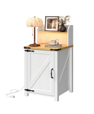  Farmhouse Barn Door Nightstand with Charging Station