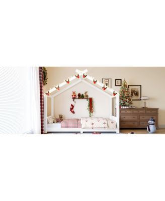 Twin House Floor Bed with Slats, Solid Wood House Bed Frame for Kids, White