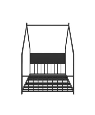 Streamdale Twin Size House Bed with Roof & Lights, Metal Frame, No Box Spring (Black)