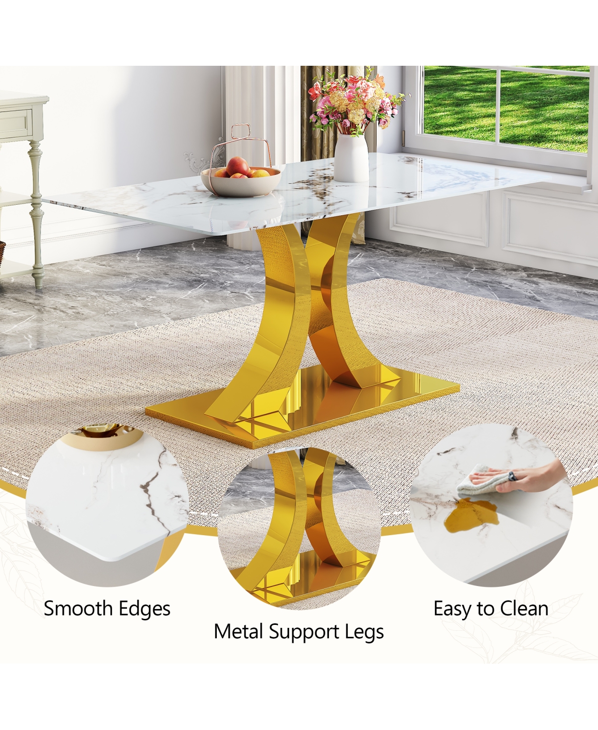 Streamdale Furniture Streamdale Marble patterned glass dining set with gold decor: 63" table + 6 chairs