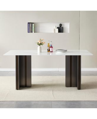 Streamdale 69" Rectangular Dining Table, Modern Style, Tempered Glass Marble Top, Gray Legs