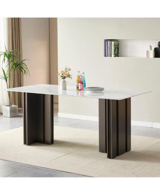 Streamdale 69" Rectangular Dining Table, Modern Style, Tempered Glass Marble Top, Gray Legs