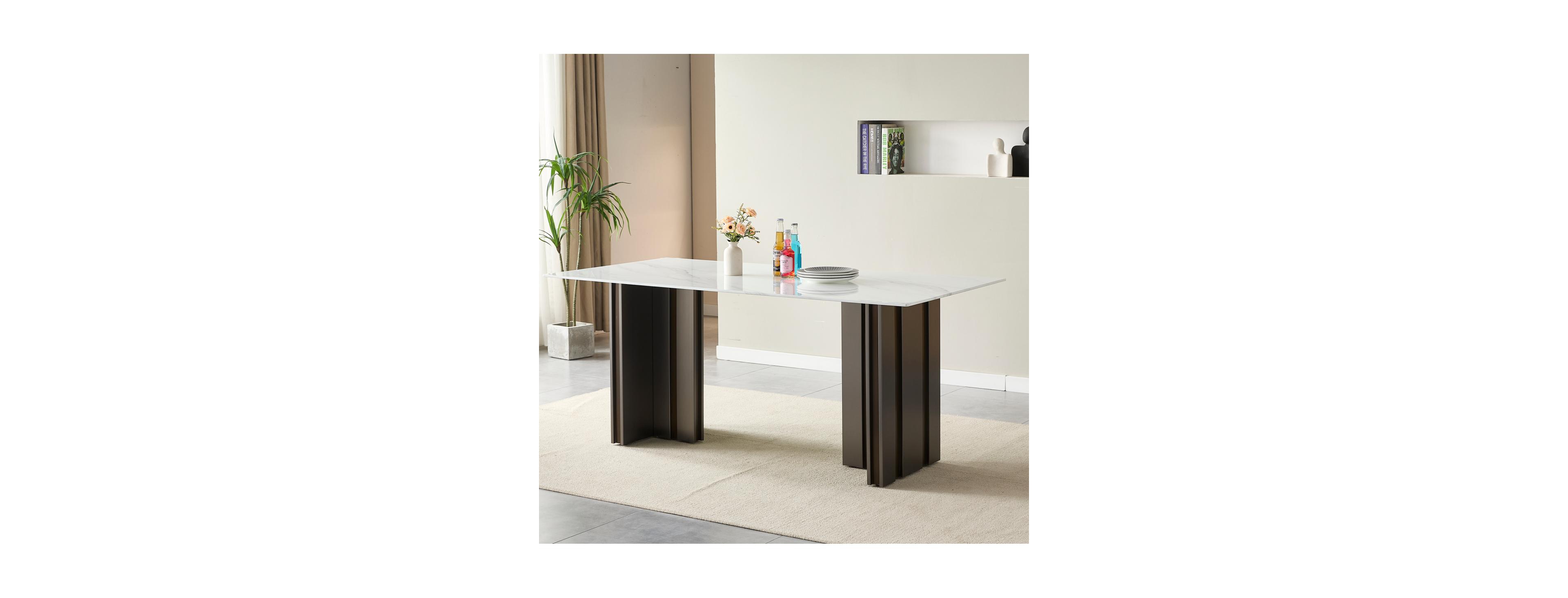 Streamdale Furniture Streamdale 69" Rectangular Dining Table, Modern Style, Tempered Glass Marble Top, Gray Legs