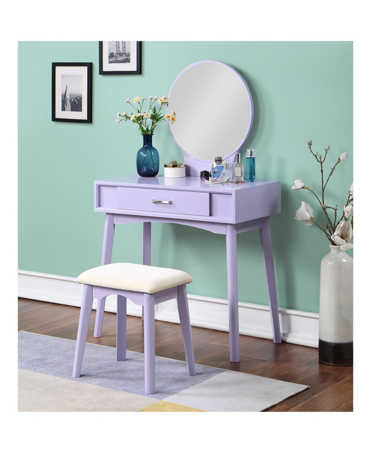 Streamdale Furniture Streamdale Maly Contemporary Wood Vanity and Stool Set, Purple