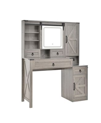 Farmhouse Vanity Desk with Sliding Mirror, Lights, Charging