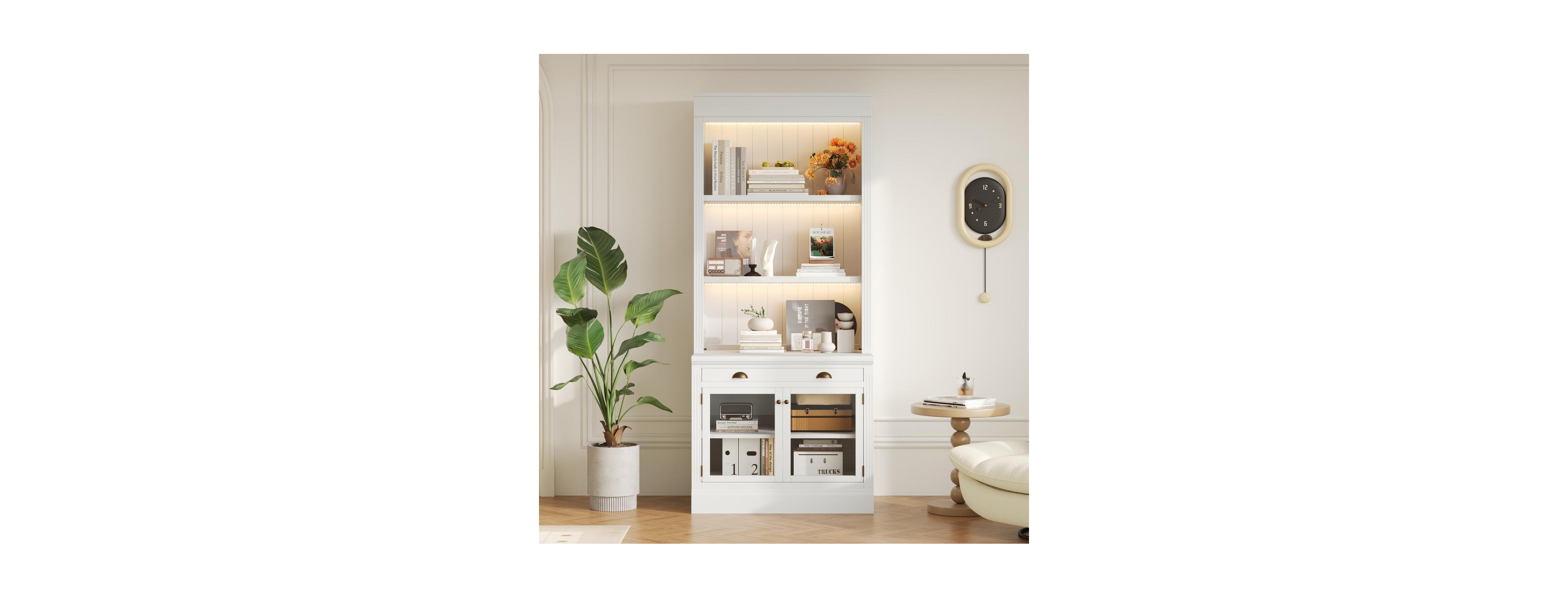 Streamdale Furniture Led Bookshelf with Glass Doors and Drawer