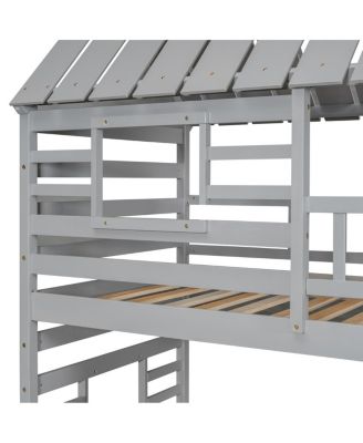 Twin over Twin House Bunk Bed with Trundle, Slide, Stairs, Roof, Window