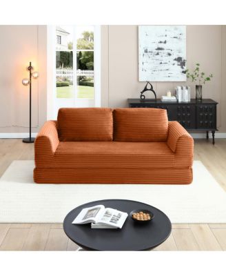  2-in-1 Folding Convertible Sofa Bed, Modern Corduroy Sleeper Couch with 2 Pillows, Orange