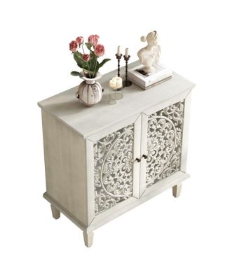 Vintage Carved 2-Door Accent Cabinet with Floral Design (Antique Gray White