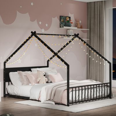 Full Size House Bed with Roof, Colorful Lights, Metal Frame