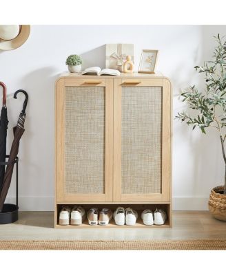 Streamdale Rattan Shoe Cabinet with Doors, 6-Tier Adjustable Shelves, Oak, 31.5"W x 13.8"D x 41"H.