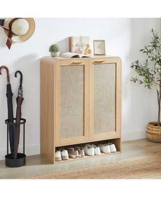 Streamdale Rattan Shoe Cabinet with Doors, 6-Tier Adjustable Shelves, Oak, 31.5"W x 13.8"D x 41"H.