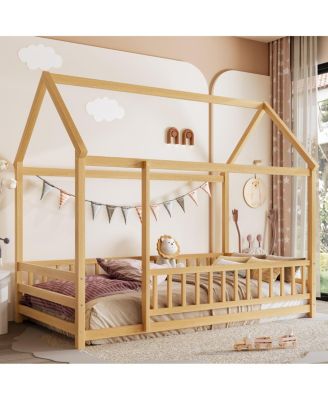 Twin Size Floor Wooden Bed with House Roof Frame, Fence Guardrails