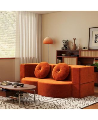 Modern Floor Sofa with 2 Pillows, Convertible Plush Corduroy Sleeper Sofa Bed