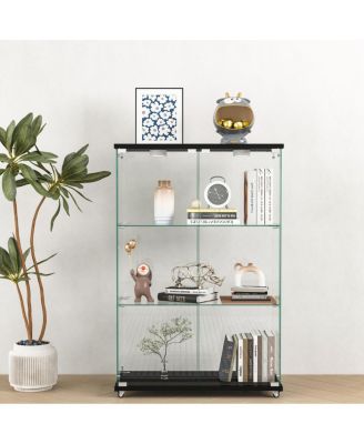 Modern LED Glass Display Cabinet, 2-door 3-shelf, Transparent+Black