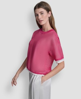 Women's Short-Sleeve Boxy 2-Layer Mesh Sweater
