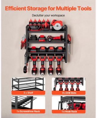 Wall-Mount Power Tool Organizer, 4-Tier Storage Rack with 4 Drill Holders, Screwdriver Holder, Garage Tool Storage Rack