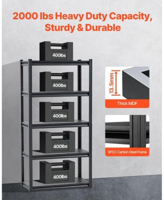 5-Tier Garage Storage Shelves, 16"D x 32"W x 63"H, 2000 lb Capacity, Adjustable Metal Utility Shelving Rack, Black