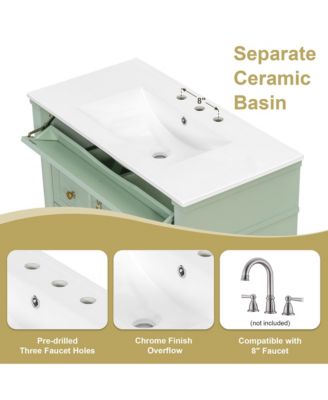 36" Freestanding Bathroom Vanity with Ceramic Sink, Wood Cabinet, Flip Drawer & Adjustable Shelf