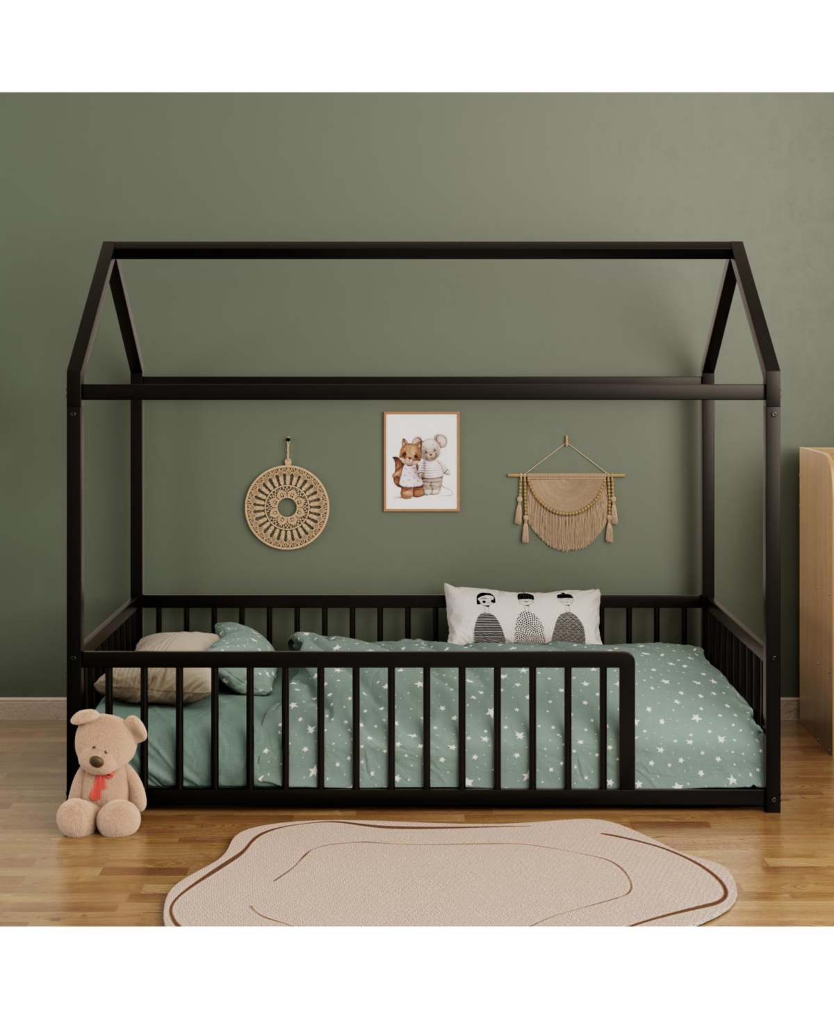Streamdale Furniture Twin Montessori Metal Floor Bed Frame, House with Fence, Easy Assemble, Black