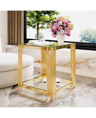 Modern Black Mirror End Table with Gold Finish & Lower Shelf, 19.9